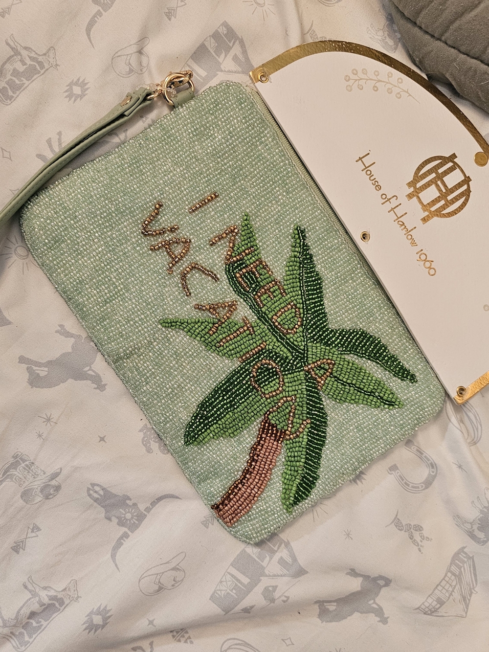 House of Harlow 1960 Mint Green Beaded Palm Tree Wristlet